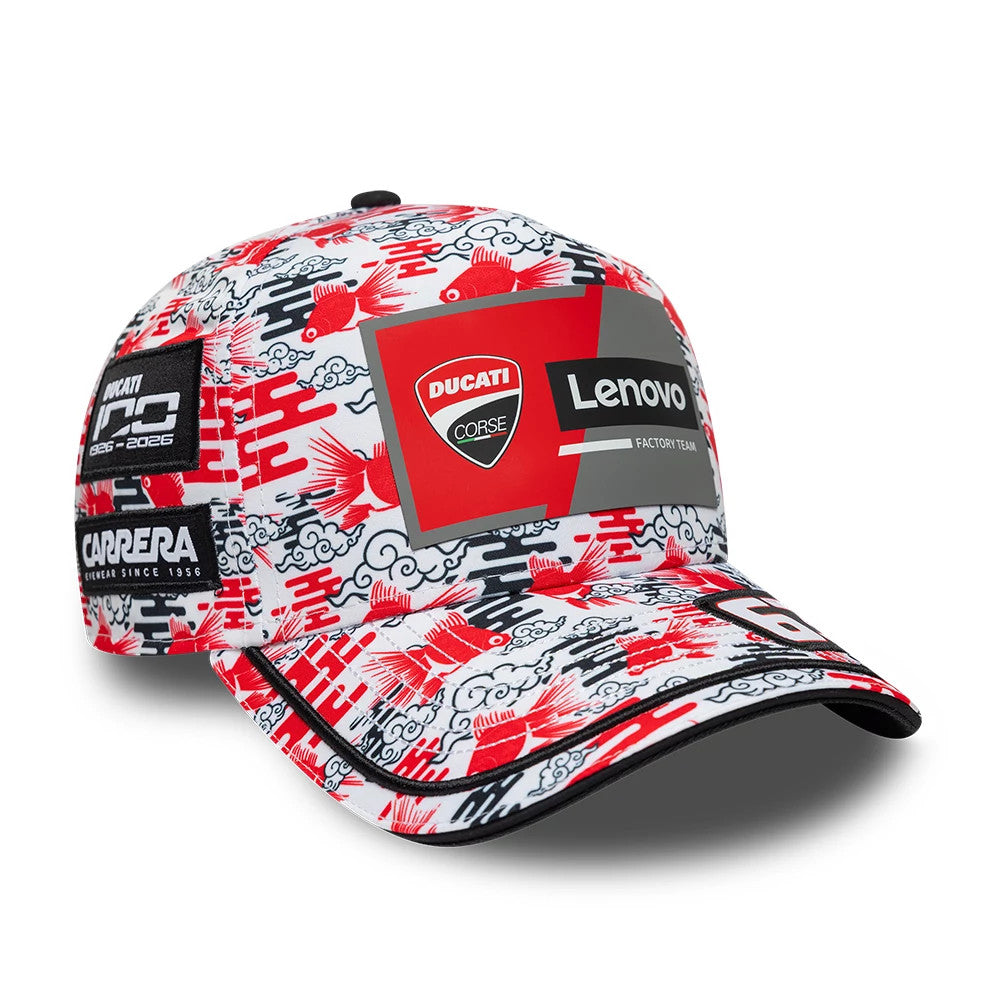 Pictured is this Ducati Motor Replica Francesco Bagnaia Japan Race Special All Over Print 9FORTY E-Frame Adjustable cap. 5