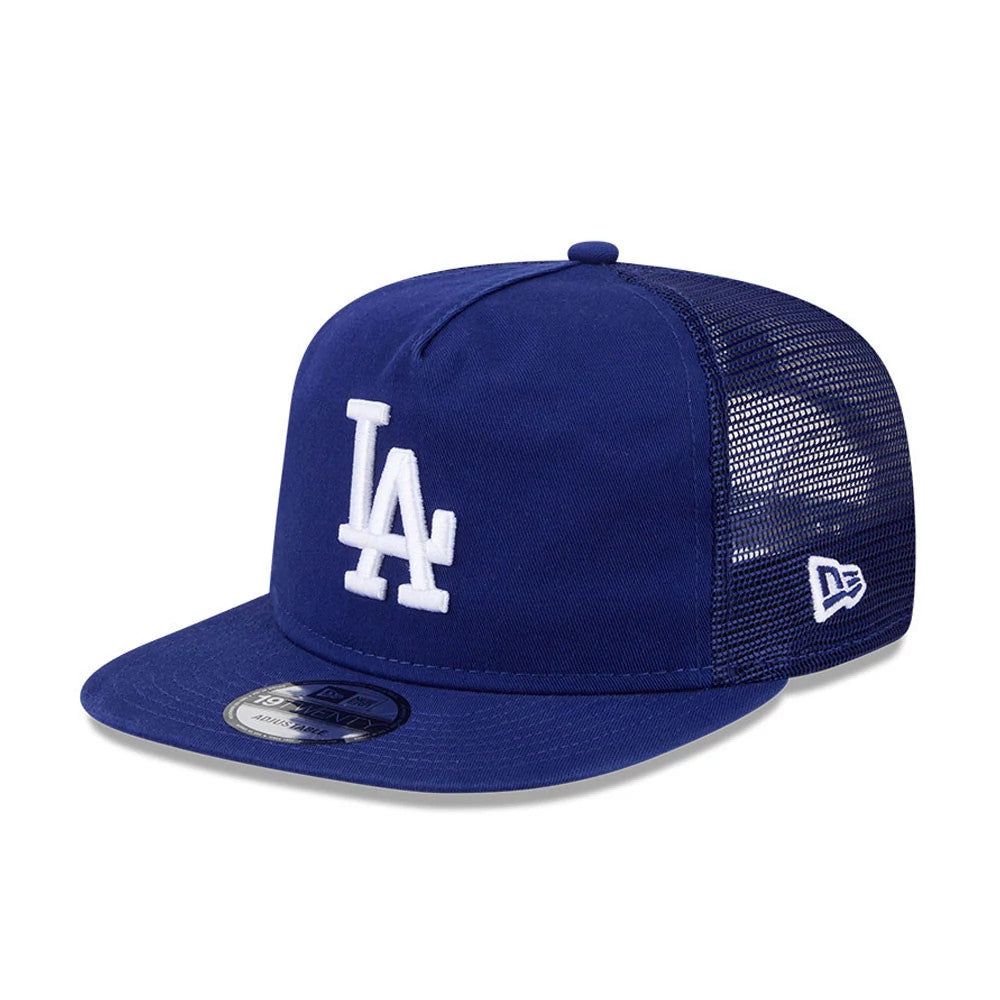 LA Dodgers MLB Evergreen Dark Blue New Era 19TWENTY Adjustable Cap, three-quarter view showing the raised white LA logo embroidered on the dark blue front panel, a 19TWENTY size sticker on the visor.
