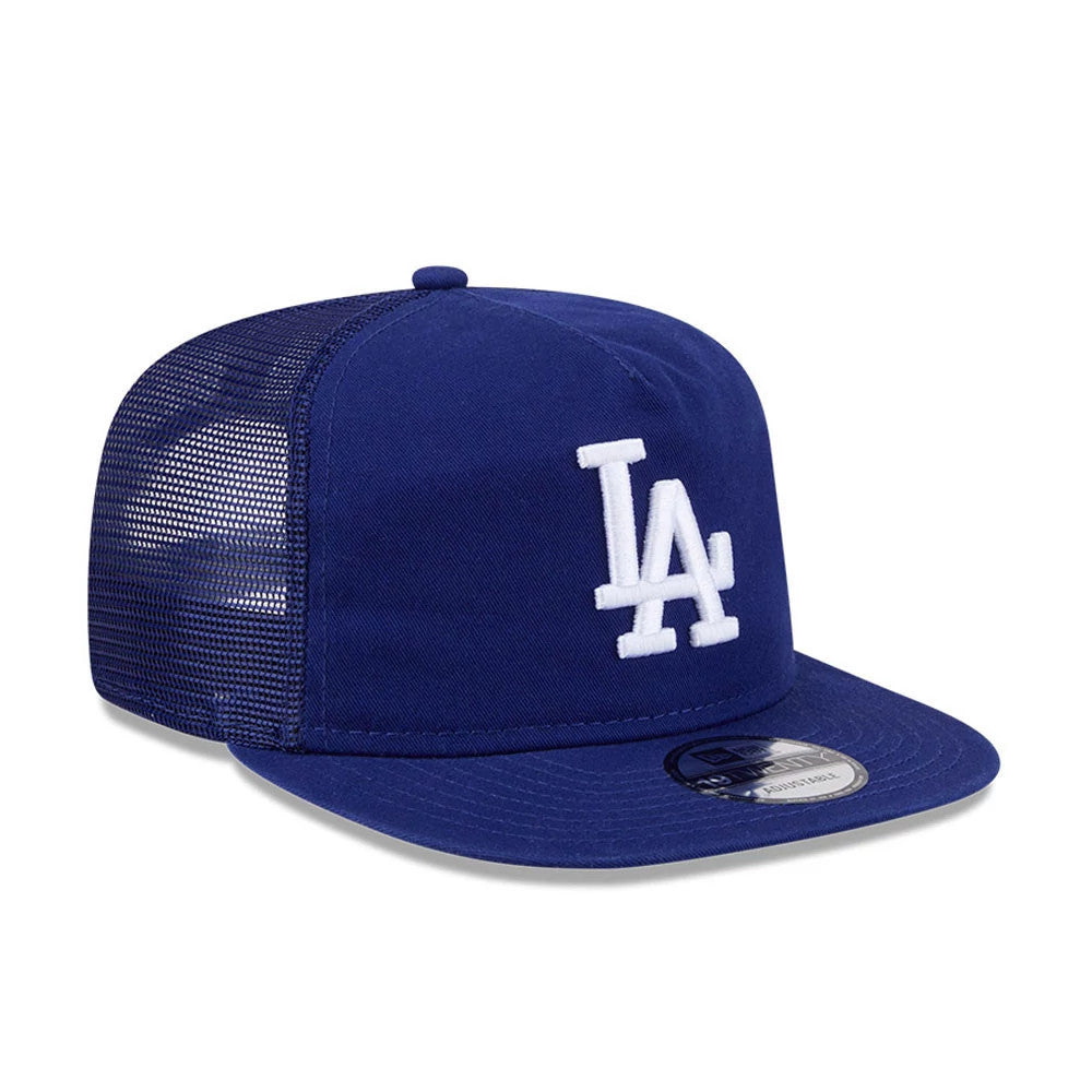 LA Dodgers MLB Evergreen Dark Blue New Era 19TWENTY Adjustable Cap, three-quarter view showing the raised white embroidered LA logo on the front panel, complemented by a matching flat blue visor and a 19TWENTY size sticker.