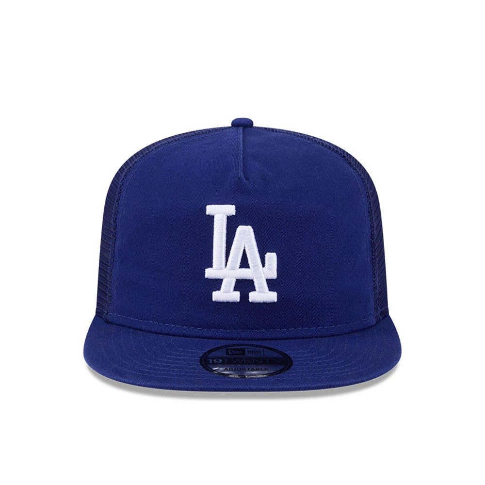 LA Dodgers MLB Evergreen Dark Blue New Era 19TWENTY Adjustable Cap, front view showing the white raised embroidered LA logo on the structured dark blue front panel, with a matching curved visor and a 19TWENTY size sticker on top.