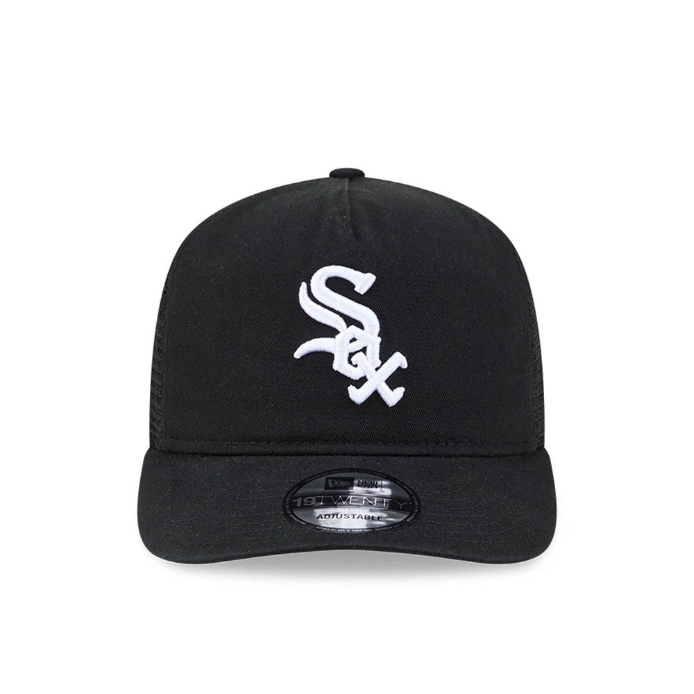 Chicago White Sox MLB Evergreen Black New Era 19TWENTY Adjustable Cap, front view showing a prominent white Sox logo in raised embroidery on the structured black crown, with a matching black curved visor and a 19TWENTY size sticker.
