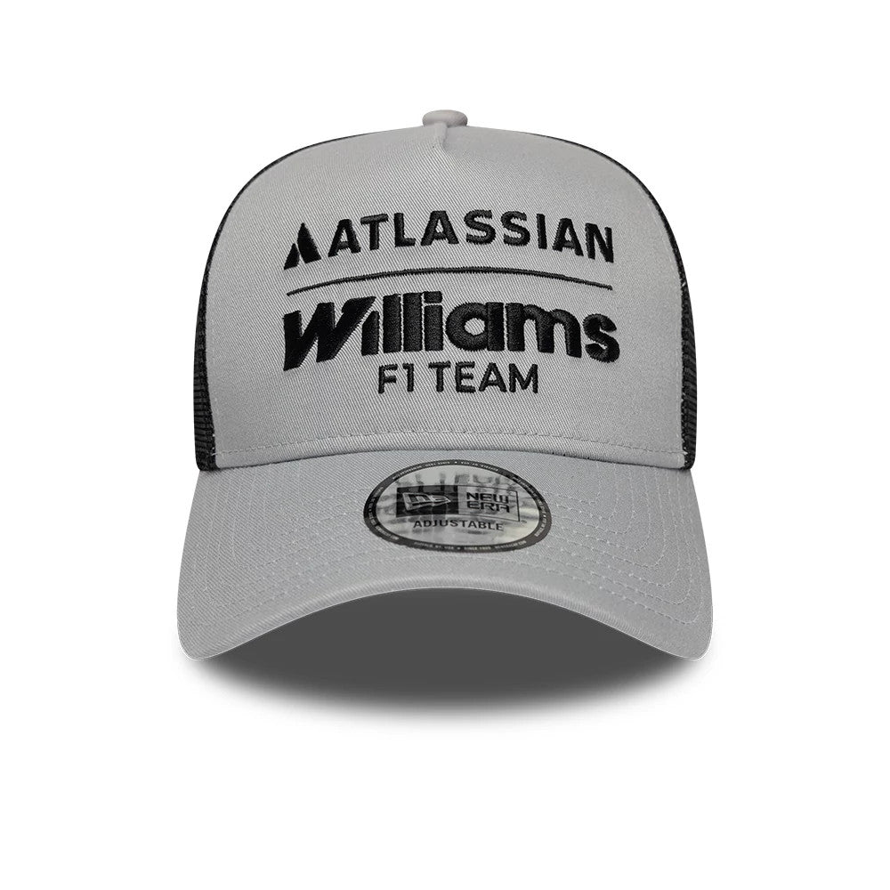 Williams E-Frame Grey New Era 9FORTY A-Frame Trucker Adjustable Cap, front view showing black embroidered Atlassian and Williams F1 Team logos on the grey structured front panel, with a grey curved visor and 9FORTY size sticker.