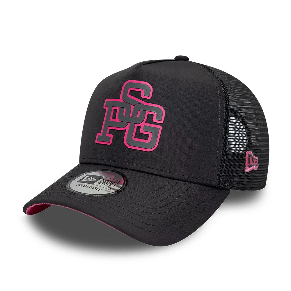 Paris Saint-Germain HD Neon Dark Grey New Era 9FORTY E-Frame Adjustable Cap, three-quarter view showing a pink PSG logo on the front panel, black mesh side panels with a pink New Era flag logo, and a 9FORTY size sticker on the curved visor.