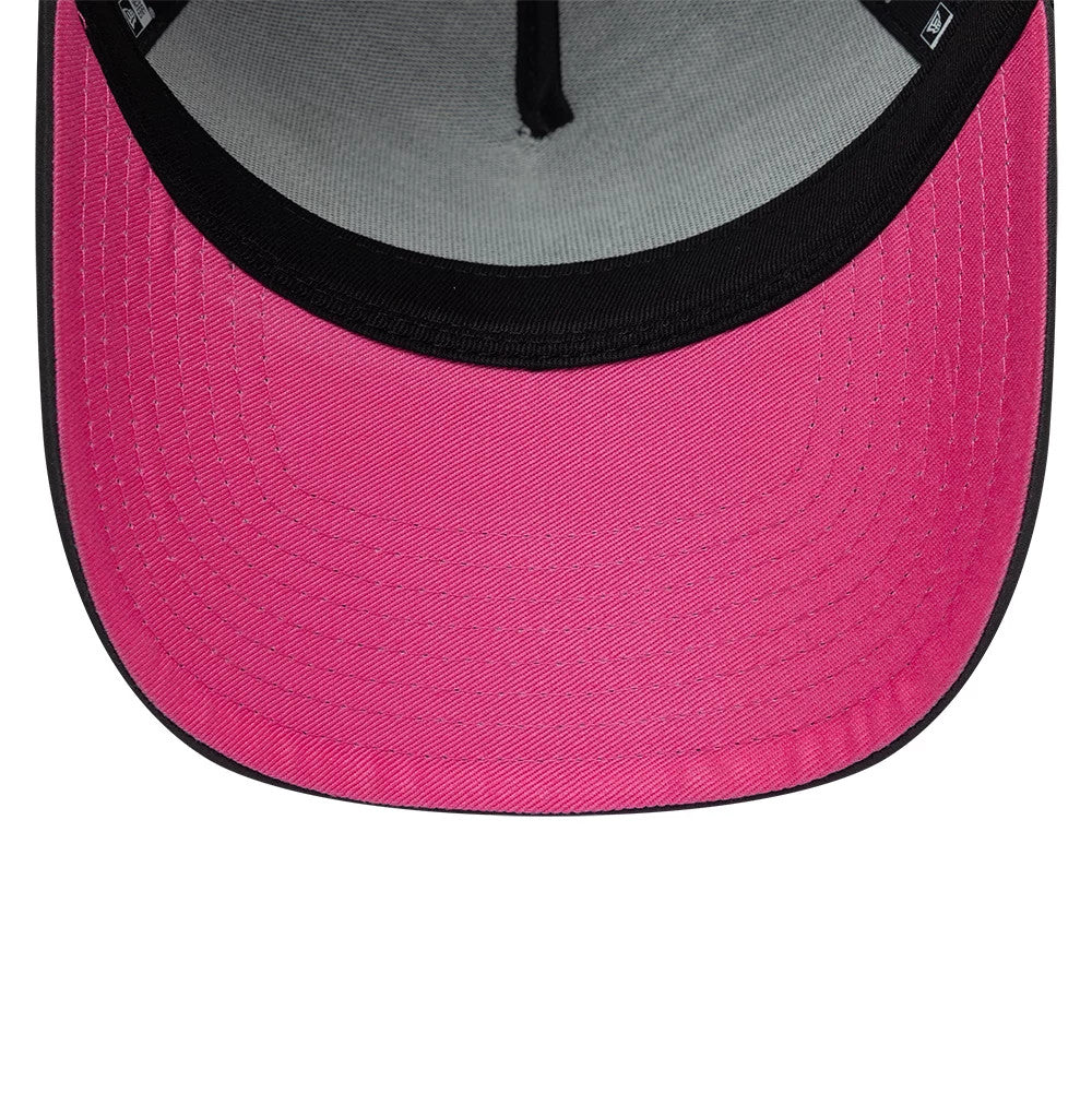 Paris Saint-Germain HD Neon Dark Grey New Era 9FORTY E-Frame Adjustable Cap, inside view showing the bright pink undervisor, grey interior panels, and black sweatband, with the New Era logo on the inner taping.
