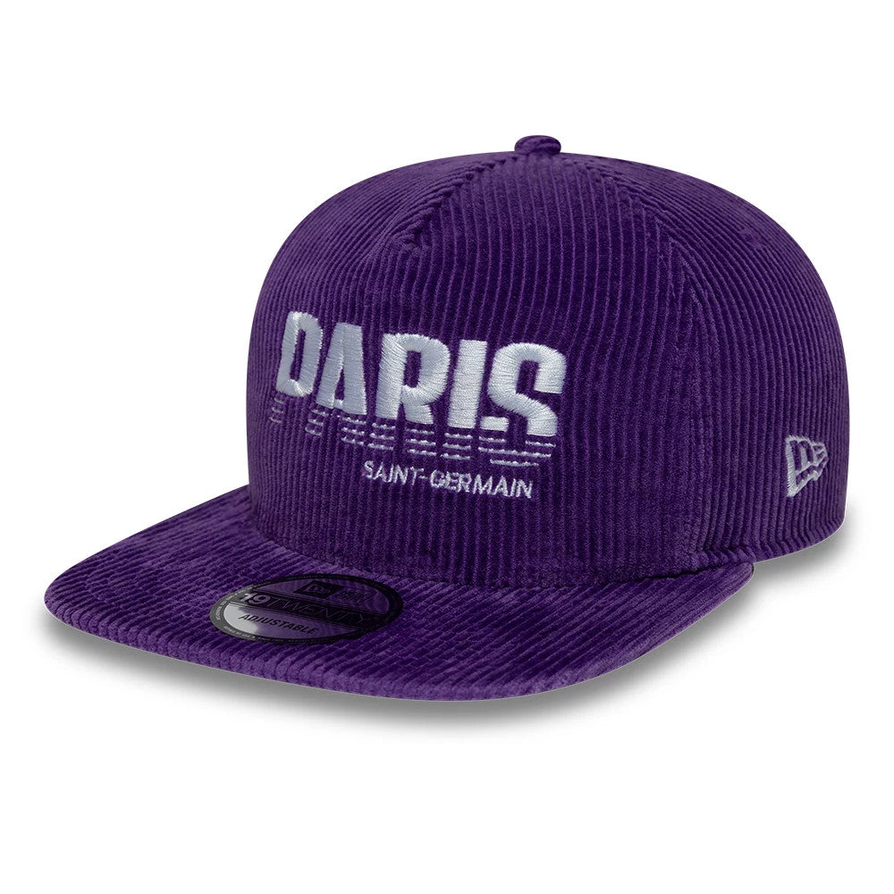 Paris Saint-Germain Washed Cord Purple New Era 19TWENTY Adjustable Cap, front view showing raised white embroidered PARIS lettering with SAINT-GERMAIN beneath, situated on a textured purple corduroy crown with a flat visor.