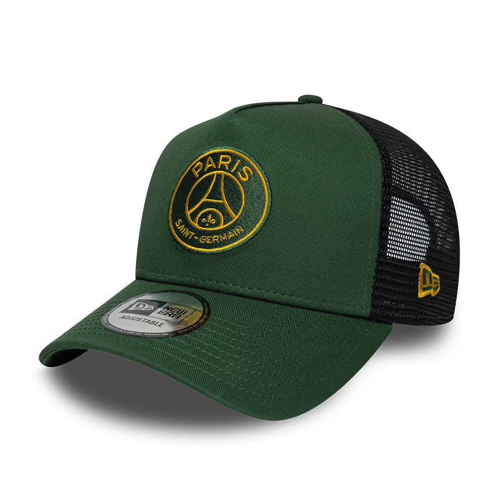 Paris Saint-Germain PSG Dark Green New Era 9FORTY E-Frame Adjustable Cap, front view showing the yellow embroidered PSG logo on the front panel, black mesh sides, and the distinct 9FORTY size sticker on the curved green visor.