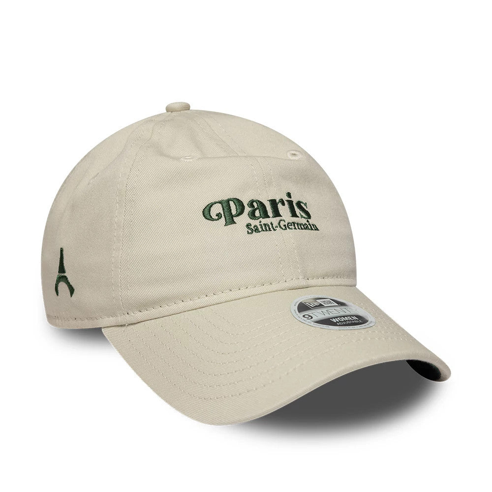 Paris Saint-Germain Womens Script Light Beige New Era 9TWENTY Adjustable Cap, three-quarter view showing the green embroidered Paris Saint-Germain script on the front panel, the curved visor with a 9TWENTY size sticker.