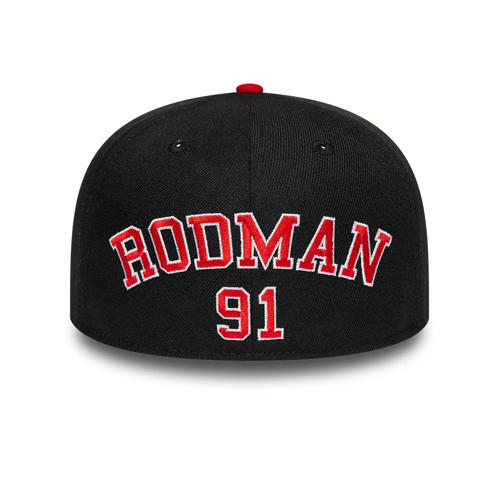 Chicago Bulls NBA Hardwood Classic Players Red New Era 59FIFTY Fitted Cap, rear view showing Rodman 91 in red and white raised embroidery across the black structured crown, completed with a matching red top button.