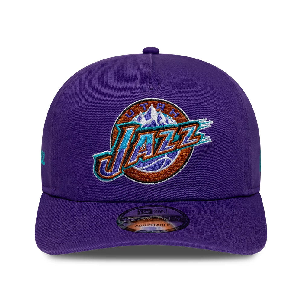 Utah Jazz NBA Hardwood Classic Purple New Era 19TWENTY Adjustable Cap, front view showing the intricately embroidered Utah Jazz logo on the front panel, with a matching purple visor and a 19TWENTY size sticker centred on the visor.