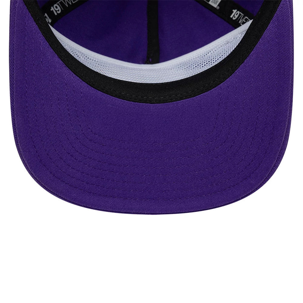 Utah Jazz NBA Hardwood Classic Purple New Era 19TWENTY Adjustable Cap, inside view showing the black sweatband, white mesh panel, and purple undervisor, with black taping featuring New Era branding running along the interior seams.