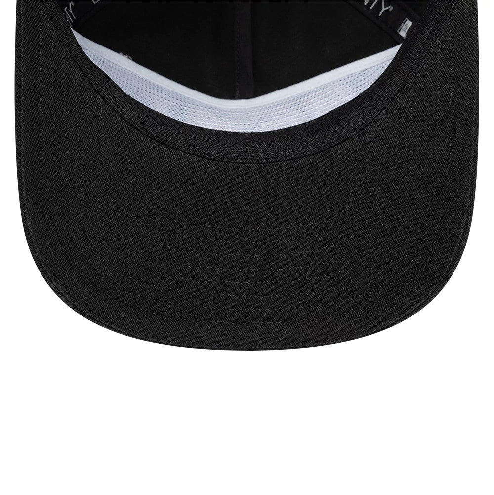 Miami Heat NBA Hardwood Classic Black New Era 19TWENTY Adjustable Cap, inside view showing the white undervisor and black interior taping, with a contrasting white sweatband lining the inside edge of the cap for added comfort.