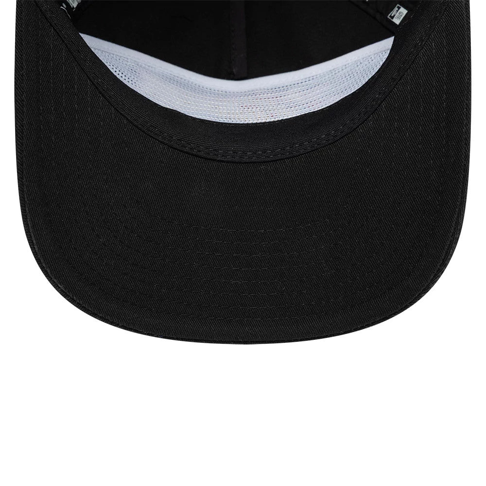 Philadelphia 76ers NBA Hardwood Classic Black New Era 19TWENTY Adjustable Cap, inside view showing the black undervisor, white mesh sweatband lining the crown interior, and branded taping along the seams.