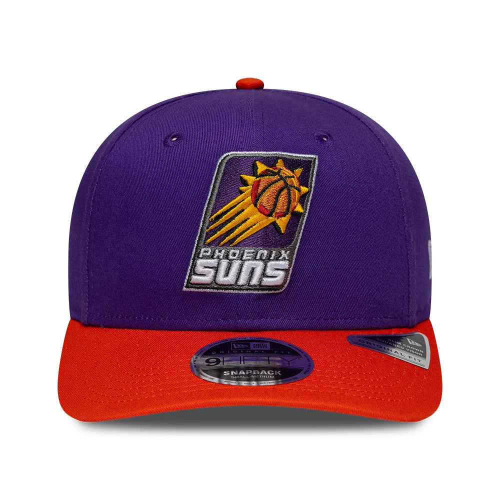 Phoenix Suns NBA Hardwood Classic Purple New Era 9FIFTY Snapback Adjustable Cap, front view showing the raised embroidery of the team's logo in yellow, orange, and black on the purple crown, with a contrasting red visor and 9FIFTY size sticker.