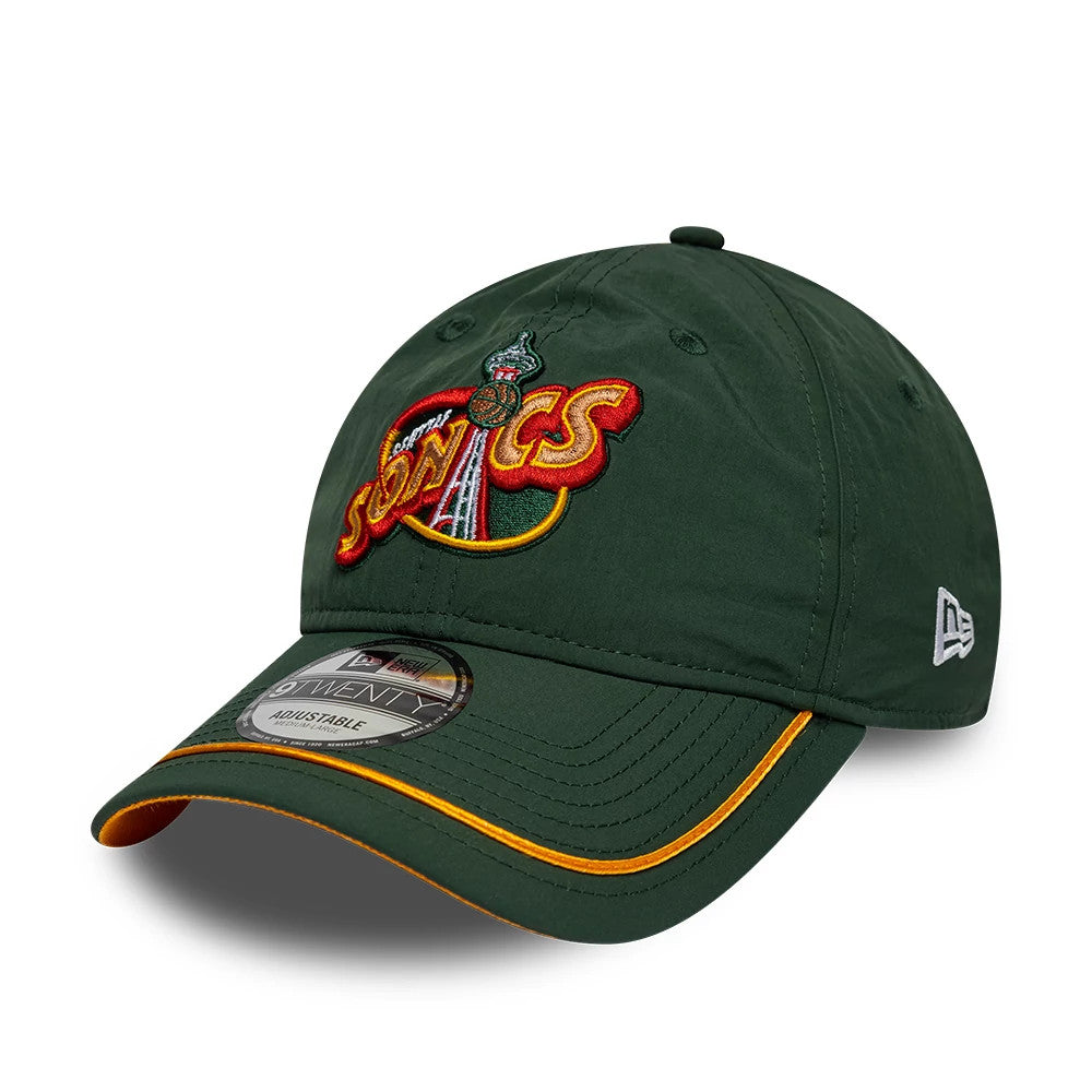 Supersonics NBA Hardwood Classic Nylon Green New Era 9TWENTY Adjustable Cap, three-quarter view showing the embroidered Supersonics logo on the front panel, a curved visor with a gold trim, and the New Era flag logo on the left side.