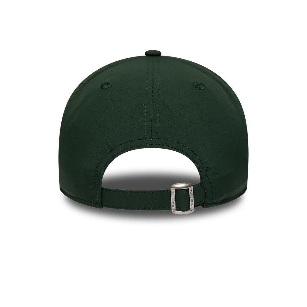 Supersonics NBA Hardwood Classic Nylon Green New Era 9TWENTY Adjustable Cap, rear view showing a buckle on the adjustable strap, with embroidered eyelets and a top button on the dark green crown for added detail.