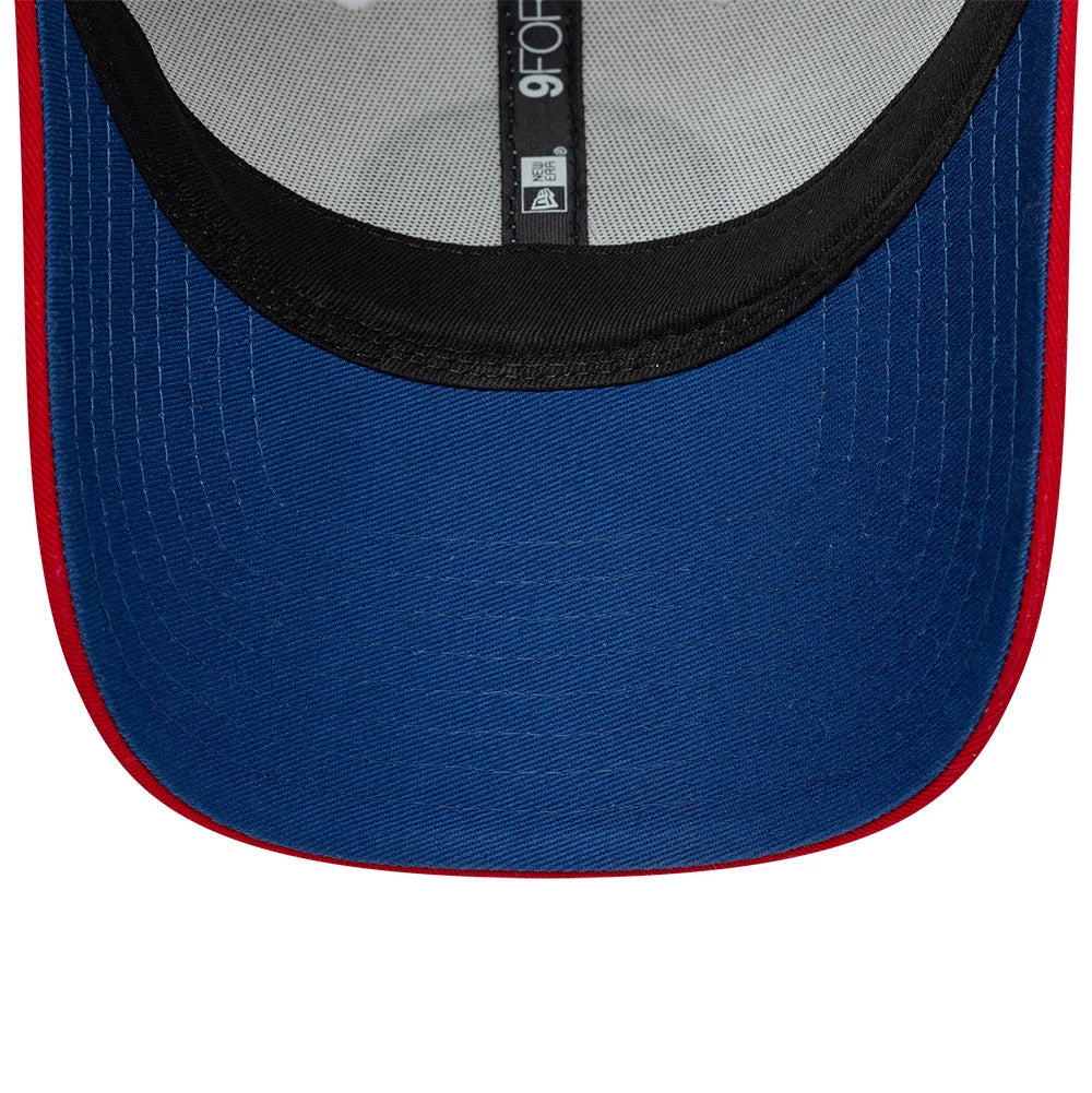 Paris Saint-Germain 86 White & Red New Era 9FORTY Adjustable Cap, inside view showing a blue undervisor with a vivid red edge, grey crown lining, and black taping featuring the 9FORTY label and New Era logo at the centre.