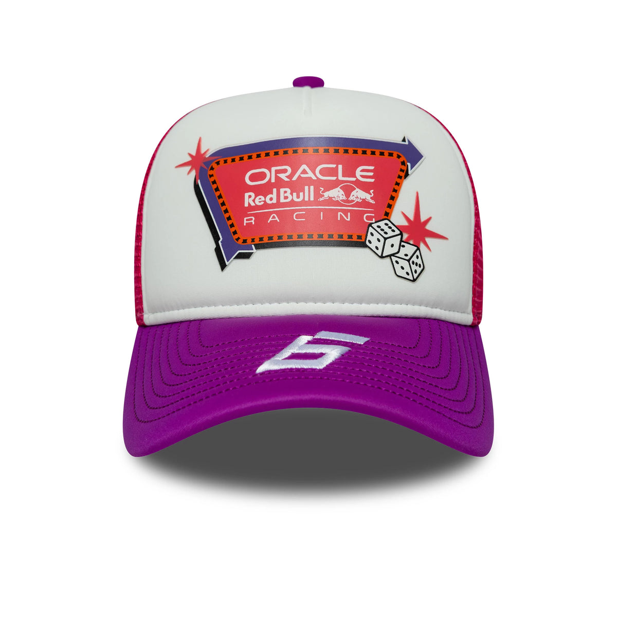 Red Bull Racing Vegas Race Special Isack Hadjar White New Era 9FORTY A-Frame Trucker Adjustable Cap, front view showing the colourful embroidered Oracle Red Bull Racing logo on the white front panel and the number 6 on the curved purple visor.