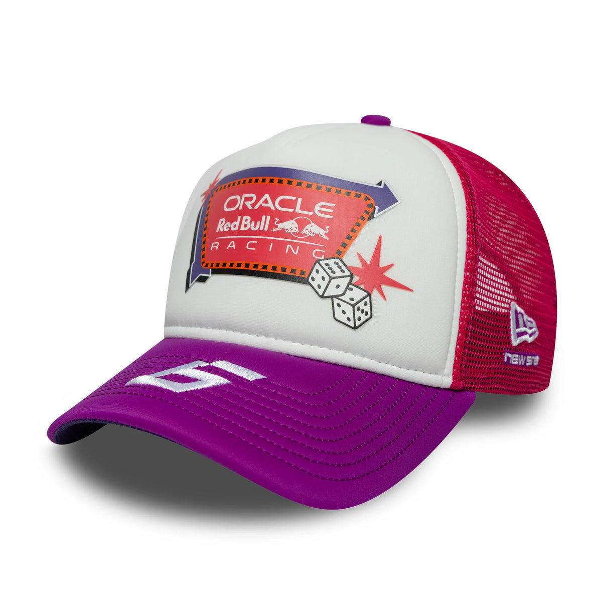 Red Bull Racing Vegas Race Special Isack Hadjar White New Era 9FORTY A-Frame Trucker Adjustable Cap, three-quarter view showing a colourful Oracle Red Bull Racing logo with dice on the structured white front panel, magenta visor.