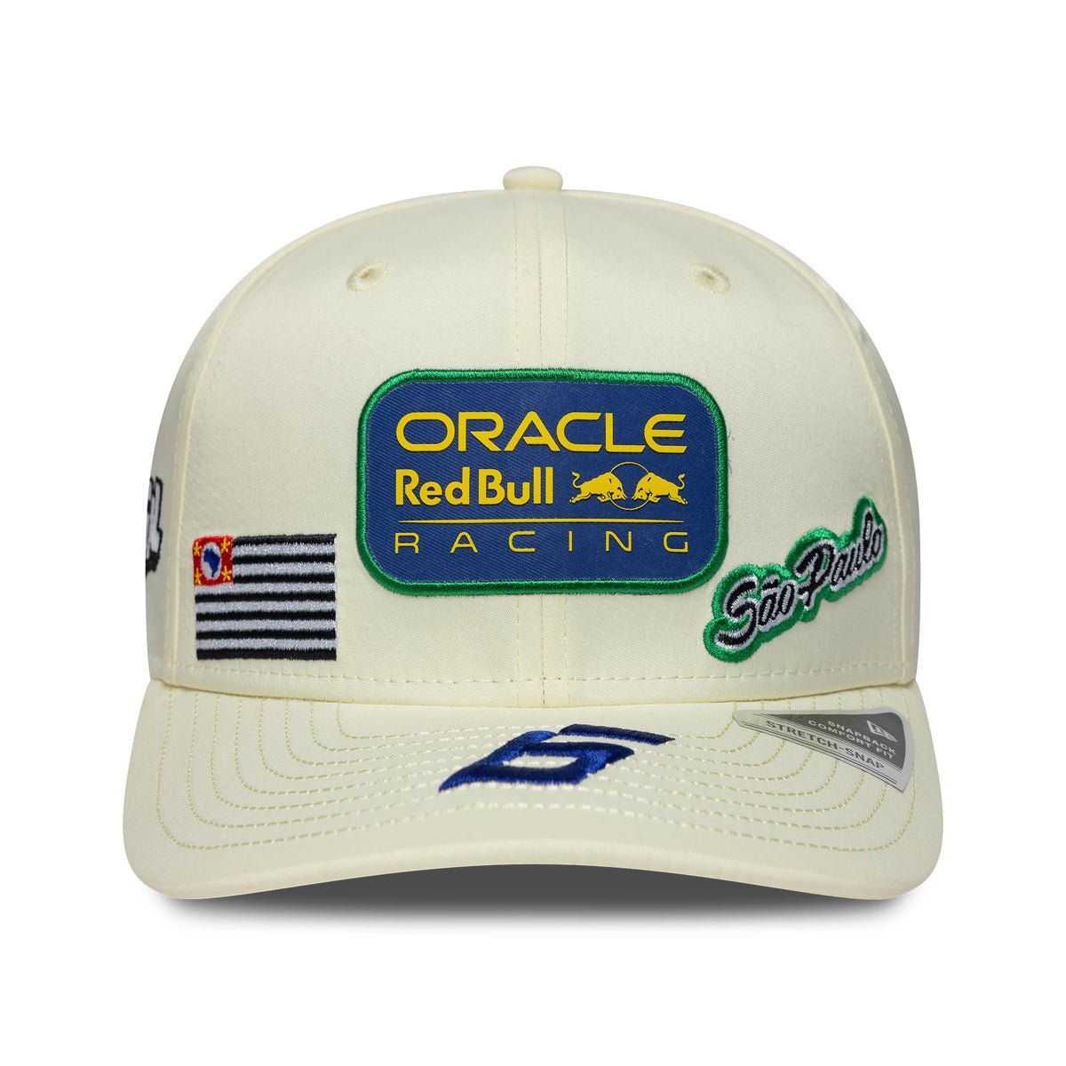 Red Bull Racing Brazil Race Special Isack Hadjar Cream New Era 9SEVENTY Stretch Snap Adjustable Cap, front view showing the embroidered Oracle Red Bull Racing patch on the centre front, Sao Paulo script on the right panel, and number 6 on the visor.