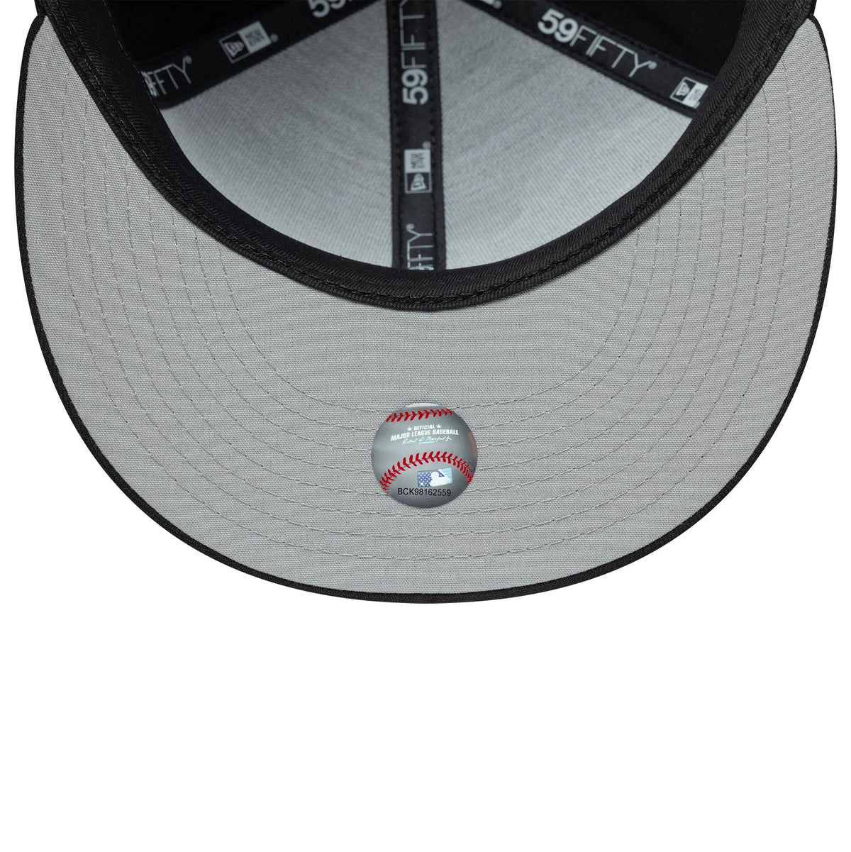 Chicago White Sox MLB Bats Black New Era 59FIFTY Fitted Cap, inside view showing the grey undervisor with a baseball graphic sticker at the centre, black taping with 59FIFTY branding, and a dark sweatband lining the entry.
