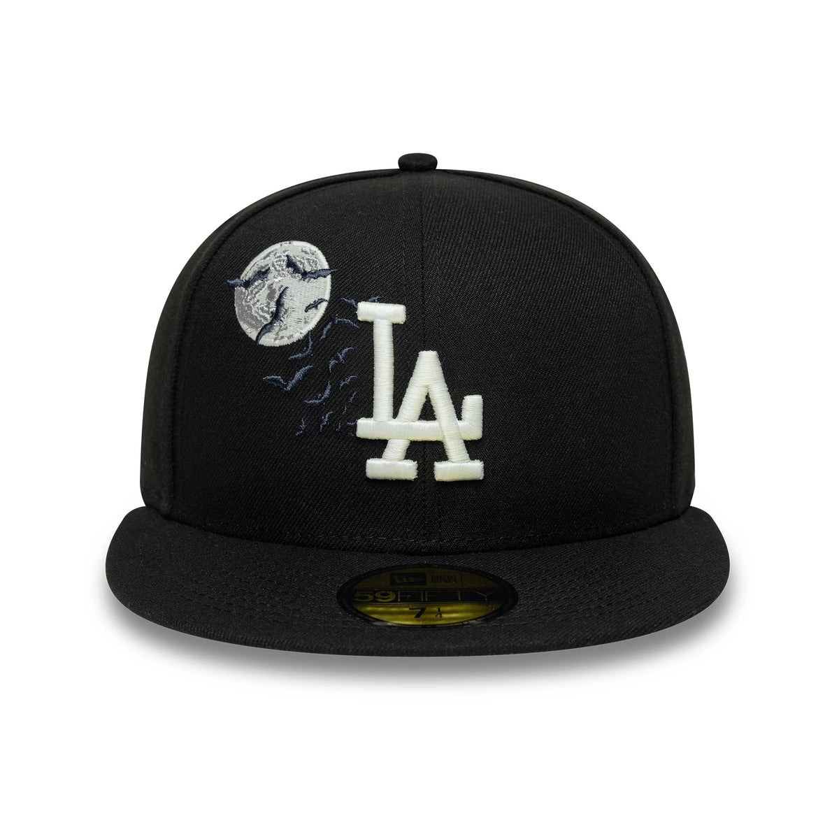 LA Dodgers MLB Bats Black New Era 59FIFTY Fitted Cap, front view showing a white LA logo with raised embroidery on the front panel, a grey moon and bat graphic to the side, and a gold 59FIFTY size sticker on the black flat visor.