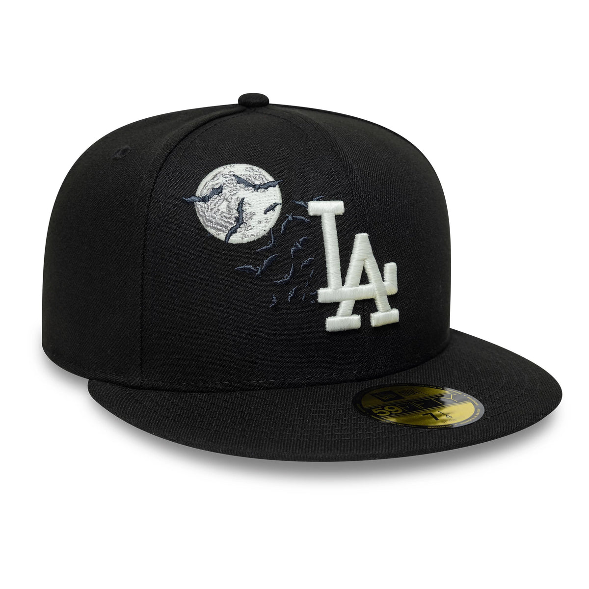 LA Dodgers MLB Bats Black New Era 59FIFTY Fitted Cap, three-quarter view showing the white embroidered LA logo and a detailed white moon with flying bats on the structured black crown.