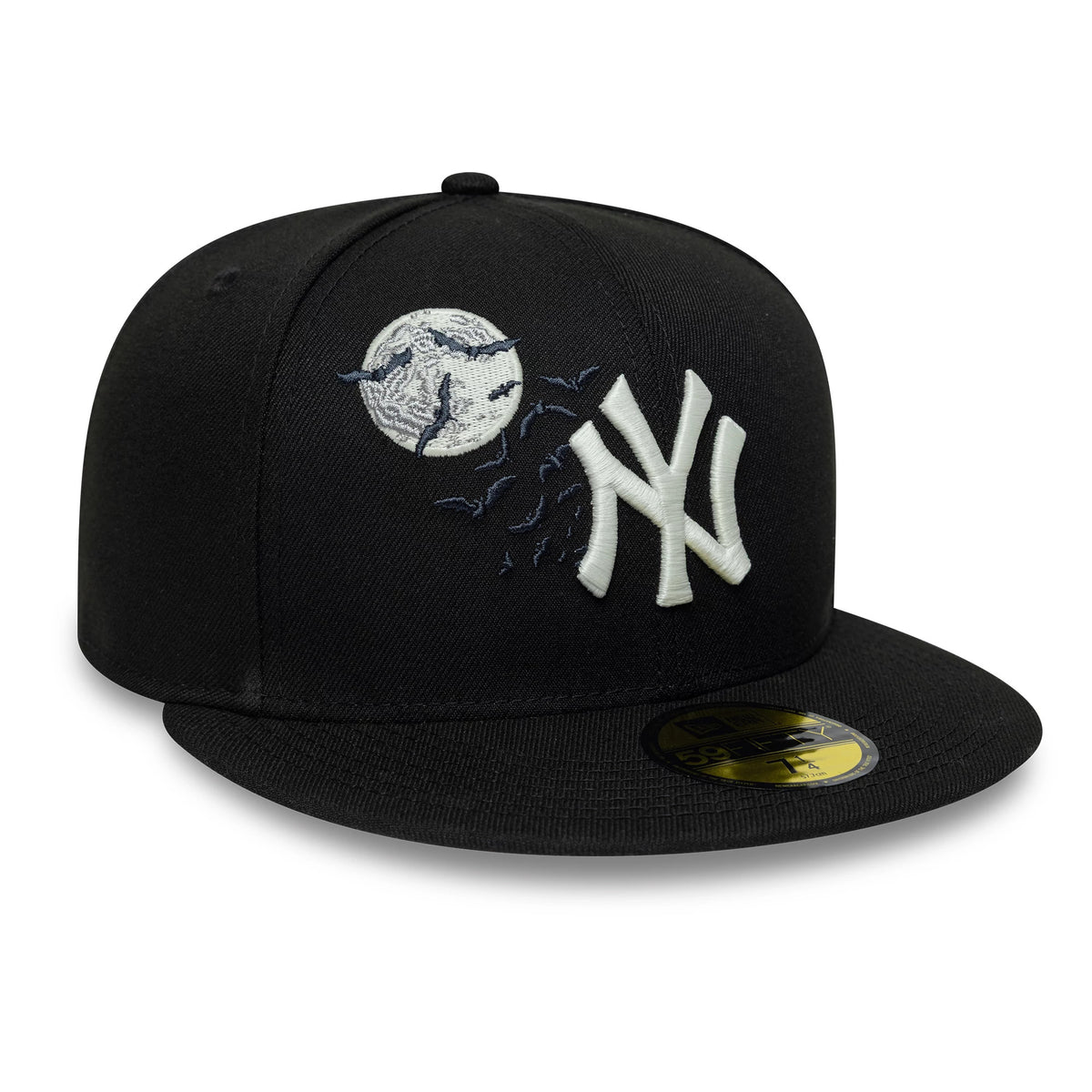 New York Yankees MLB Bats Black New Era 59FIFTY Fitted Cap, front view showing the raised white embroidered NY logo beside a detailed embroidered moon and bats design on the structured black crown.