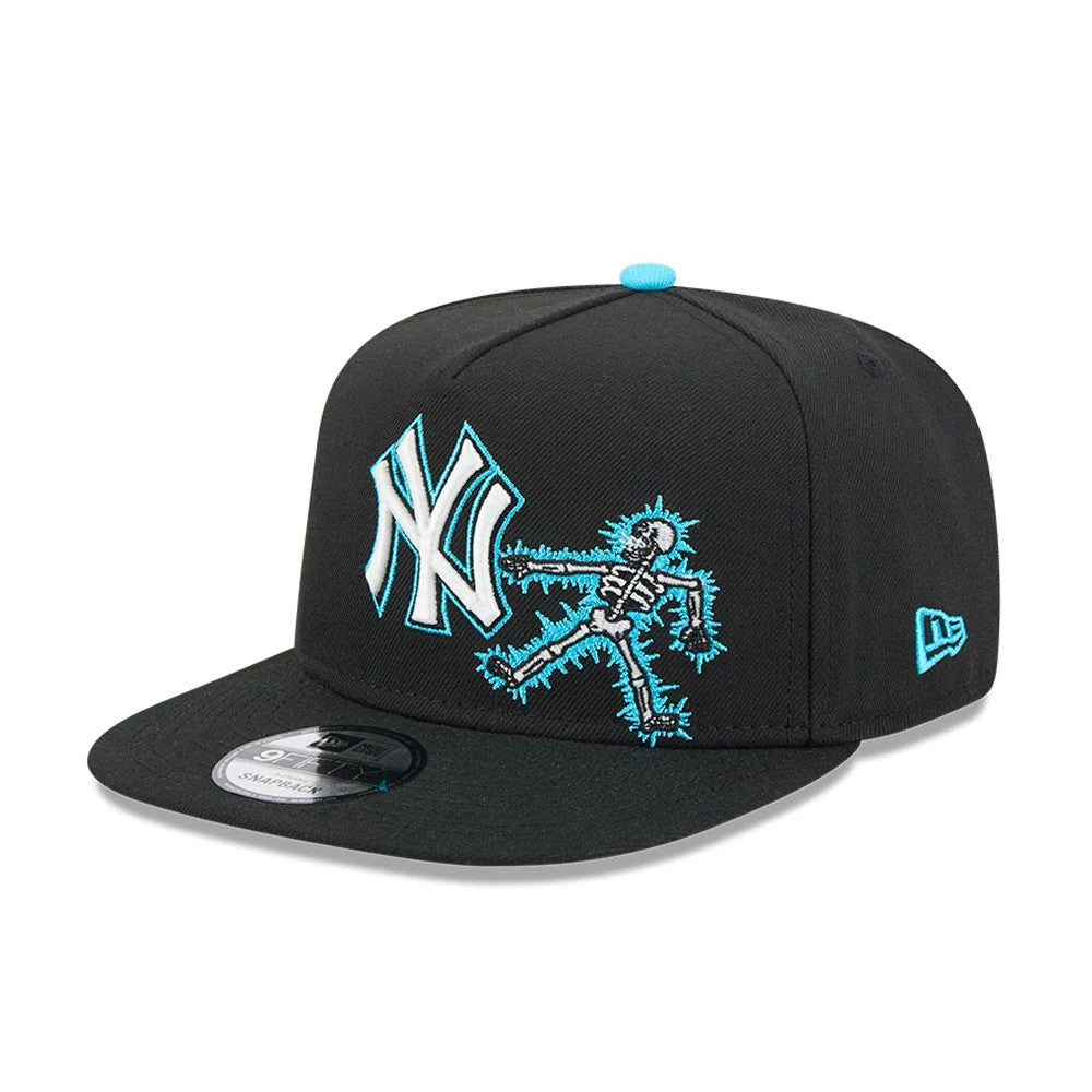 Yankees MLB Electrocute Black New Era 9FIFTY A-Frame Snapback Adjustable Cap, three-quarter view showing the white and blue embroidered NY logo and electric skeleton graphic on the front panel, with a black flat visor and 9FIFTY size sticker.