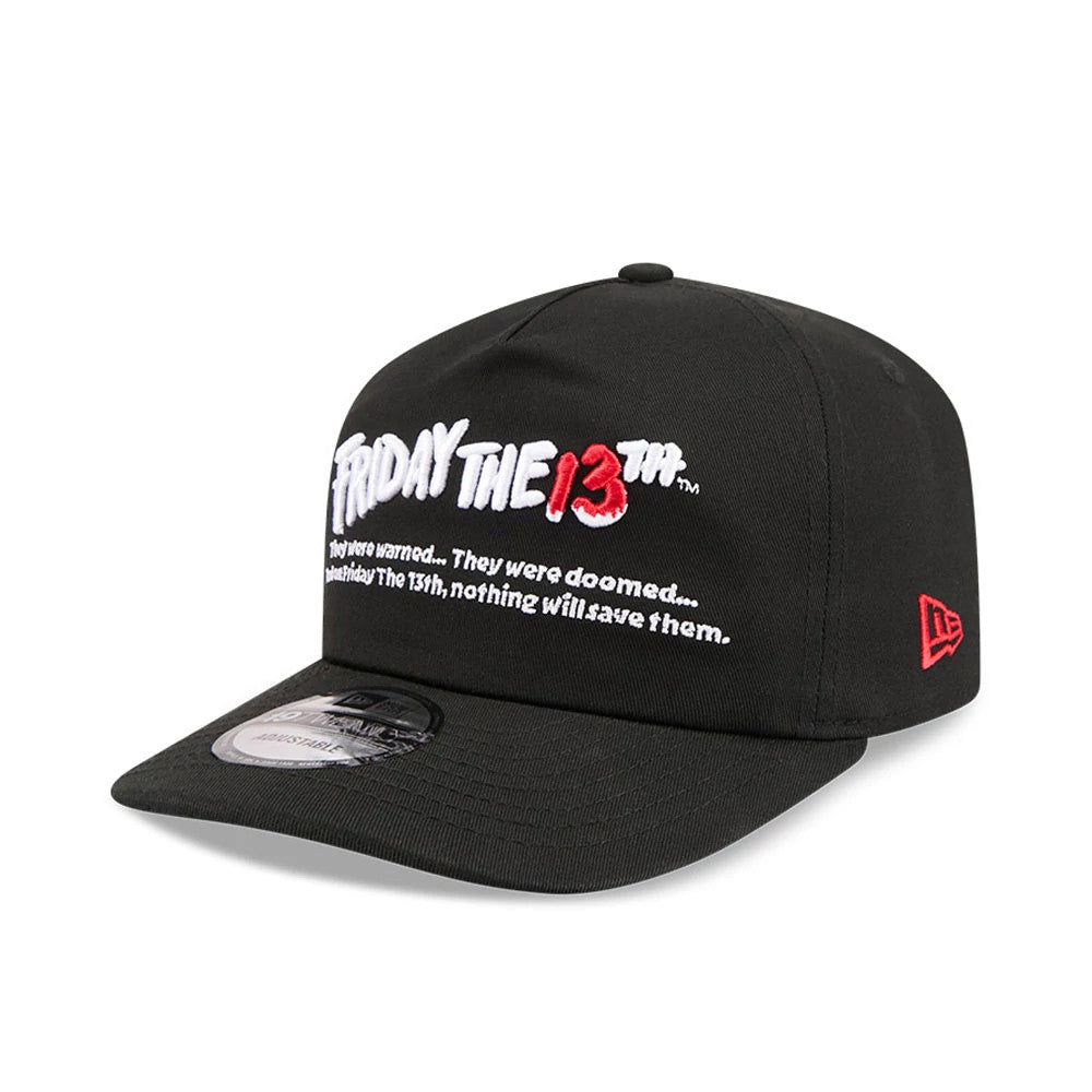 Friday The 13th They Were Warned Black New Era 19TWENTY Adjustable Cap, three-quarter view showing the white and red embroidered Friday The 13th logo on the front panel, black visor with 19TWENTY size sticker.