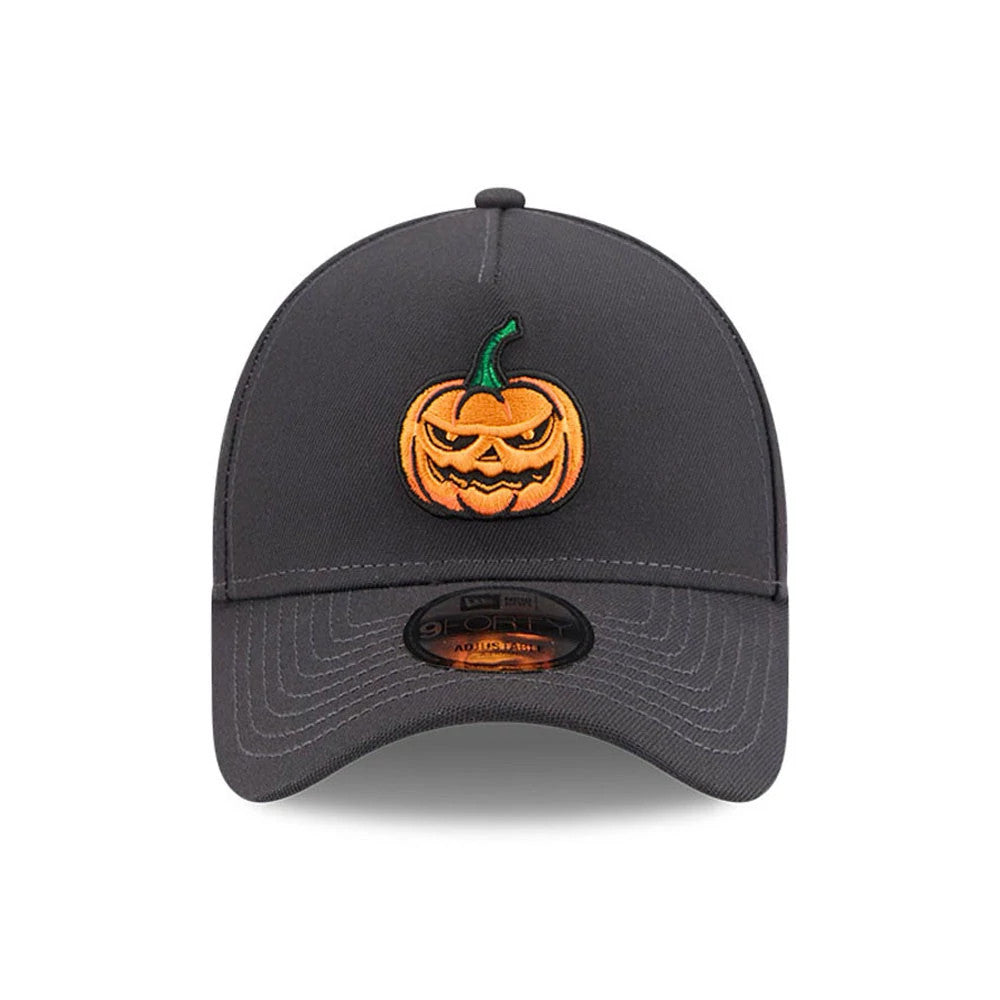 New Era Jack O Lantern Black 9FORTY A-Frame Adjustable Cap, front view showing an orange embroidered pumpkin logo with a green stem on the centre front panel, black curved visor and a 9FORTY size sticker underneath.