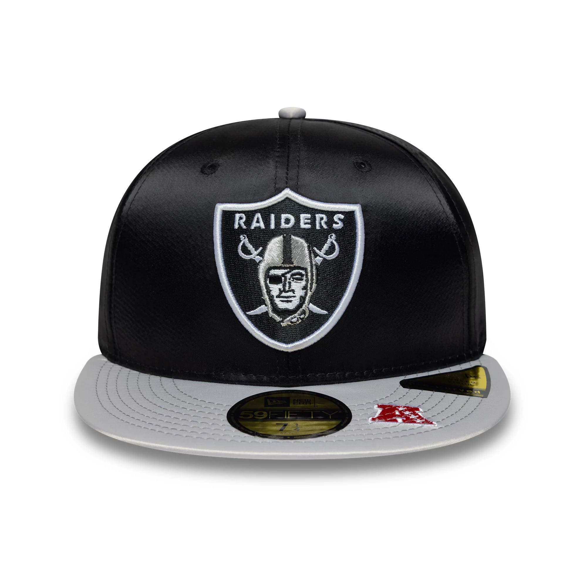 Pictured is this NFL Satin LA Raiders 59FIFTY Fitted cap in black & grey. 3