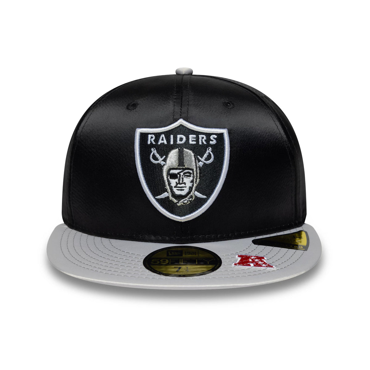 LA Raiders NFL Satin Black & Grey New Era 59FIFTY Fitted Cap, front view showing the grey and white embroidered Raiders logo on the black satin crown, complemented by a grey flat visor with a gold 59FIFTY size sticker and an AFC patch.