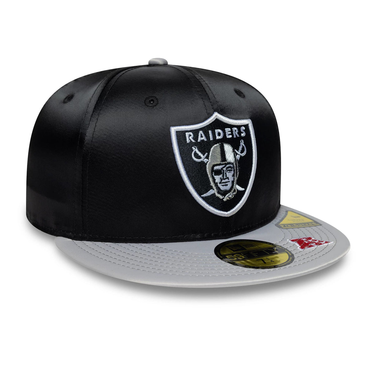 LA Raiders NFL Satin Black & Grey New Era 59FIFTY Fitted Cap, front view showing a raised embroidered Raiders logo on the black structured crown, a flat grey visor with gold 59FIFTY size sticker, and detailed visor stitching.