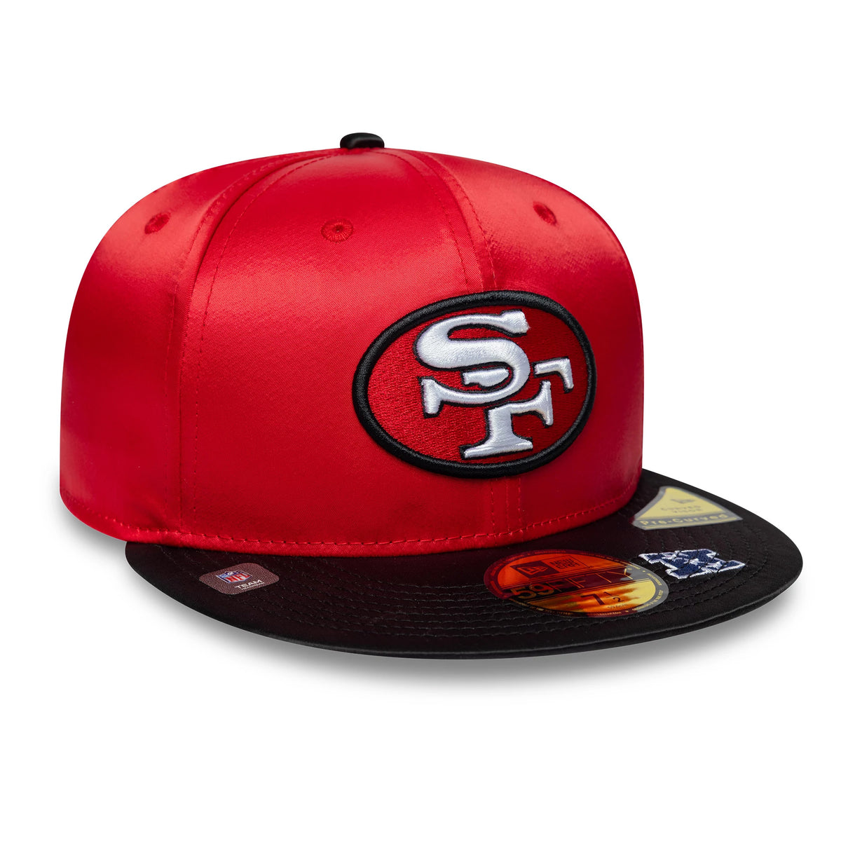 San Francisco 49ers NFL Satin Red & Black New Era 59FIFTY Fitted Cap, three-quarter view showing the raised embroidered SF logo in white on the red front panel, with a black flat visor featuring multiple size stickers.