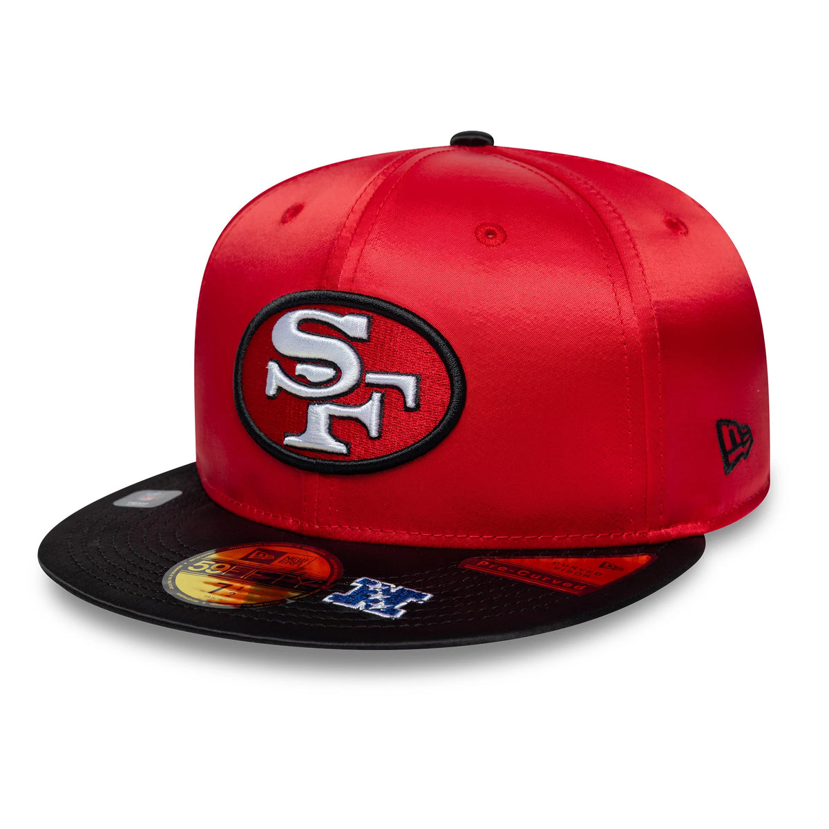 San Francisco 49ers NFL Satin Red & Black New Era 59FIFTY Fitted Cap, front view showing the raised embroidered SF logo on the glossy red front panels, a contrasting black flat visor with gold 59FIFTY size sticker.