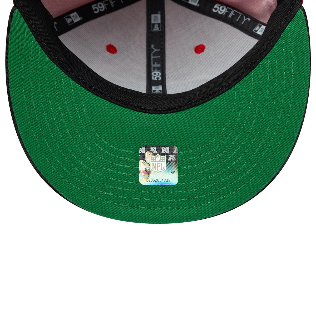 Pictured is this NFL Satin San Francisco 49ers 59FIFTY Fitted cap in red & black. 2