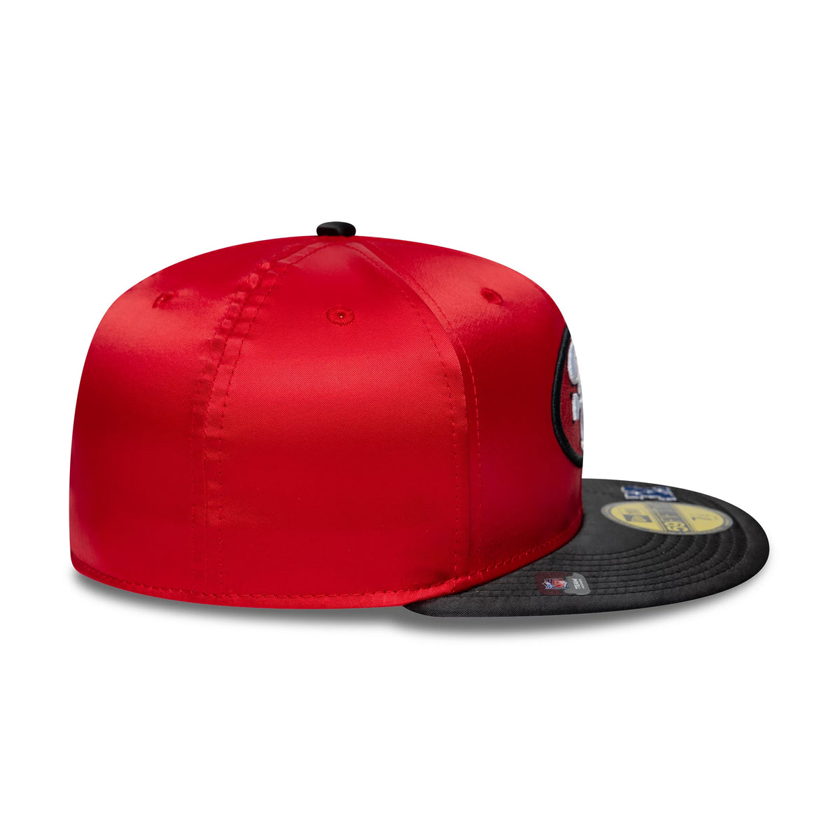 San Francisco 49ers NFL Satin Red & Black New Era 59FIFTY Fitted Cap, side view showing a red satin finish on the structured crown, black flat visor with a gold 59FIFTY size sticker, and a embroidered team logo.