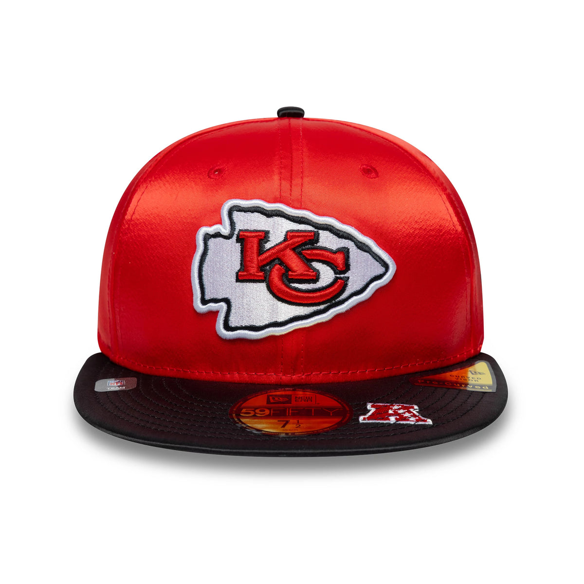Kansas City Chiefs NFL Satin Red & Black New Era 59FIFTY Fitted Cap, front view showing the embroidered Chiefs logo on the red satin crown, a black visor with a gold 59FIFTY size sticker, and an NFL AFC patch on the right edge of the visor.