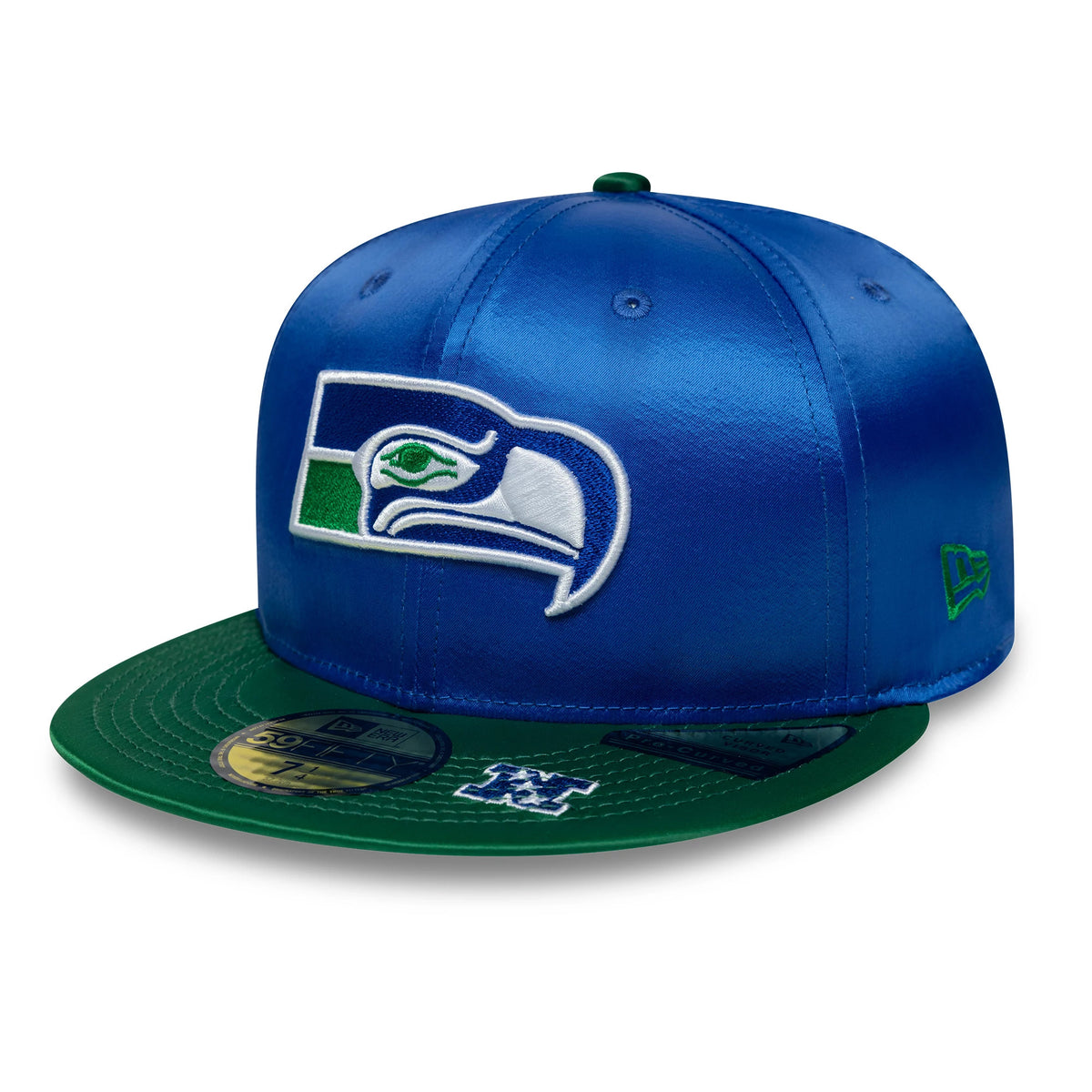 Pictured is this NFL Satin Seattle Seahawks 59FIFTY Fitted cap in blue & green. 1