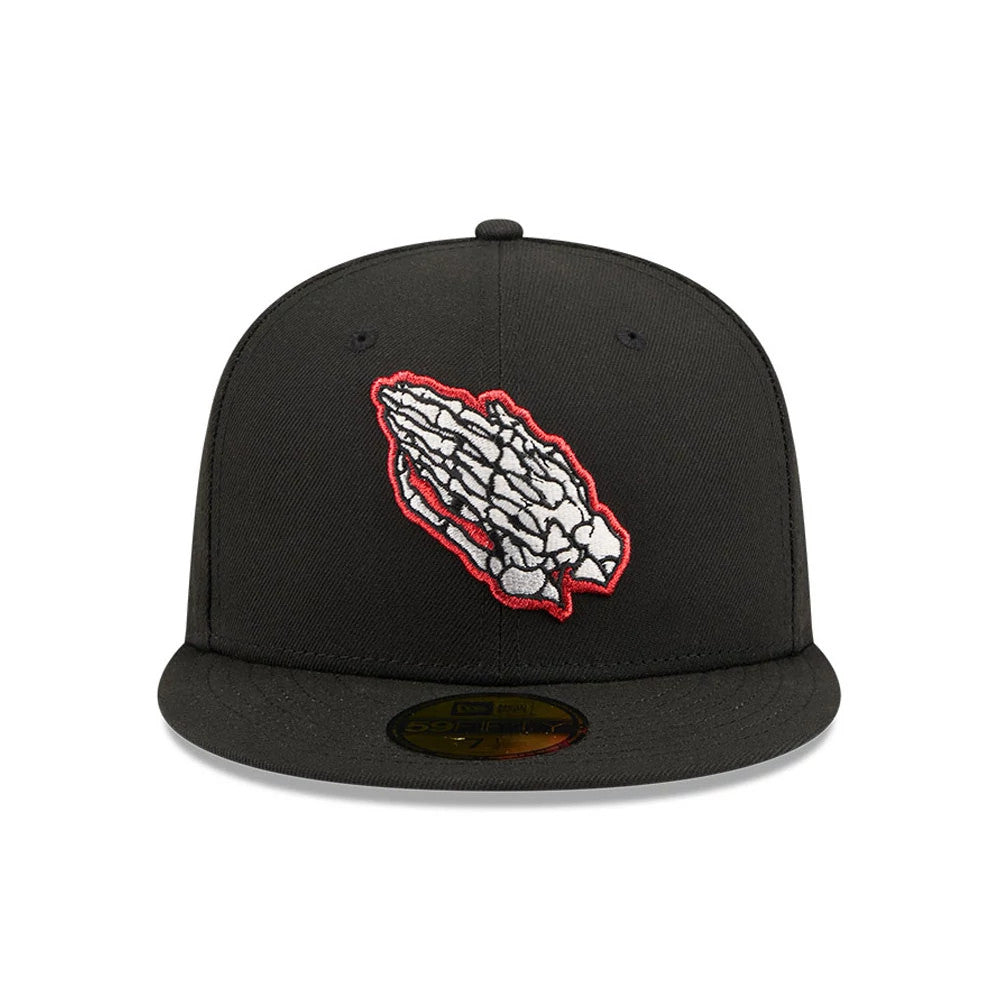 New Era Praying Skeleton Black 59FIFTY Fitted Cap, front view showing the raised white and red embroidered praying skeleton graphic on the black front panel, with a flat black visor and a gold 59FIFTY size sticker on the visor.
