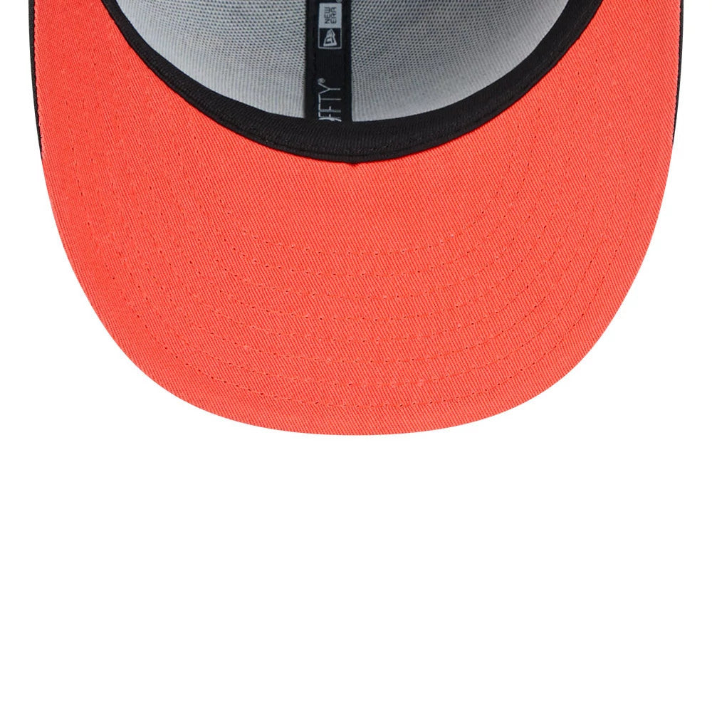 New York Yankees MLB Pumpkin Patch Black New Era 59FIFTY Fitted Cap, inside view showing the orange undervisor, black taping with New Era branding, and a contrasting grey sweatband lining the crown.