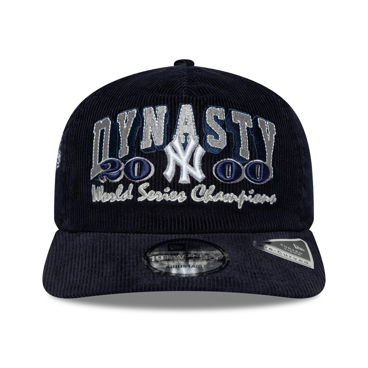 New York Yankees MLB Retro Dynasty Cord Navy New Era 19TWENTY Adjustable Cap, front view showing large grey 'DYNASTY' embroidery and white NY logo on the structured navy corduroy crown, with a 19TWENTY size sticker on the slightly curved visor.