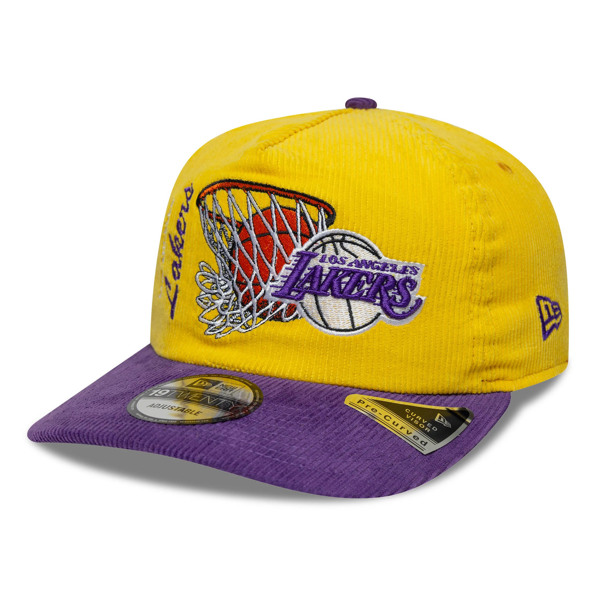 LA Lakers NBA Retro Dynasty Cord Yellow & Purple New Era 19TWENTY Adjustable Cap, front view showing a embroidered basketball hoop and Lakers logo on the yellow crown, purple corduroy visor with a 19TWENTY size sticker, and New Era flag on the left.