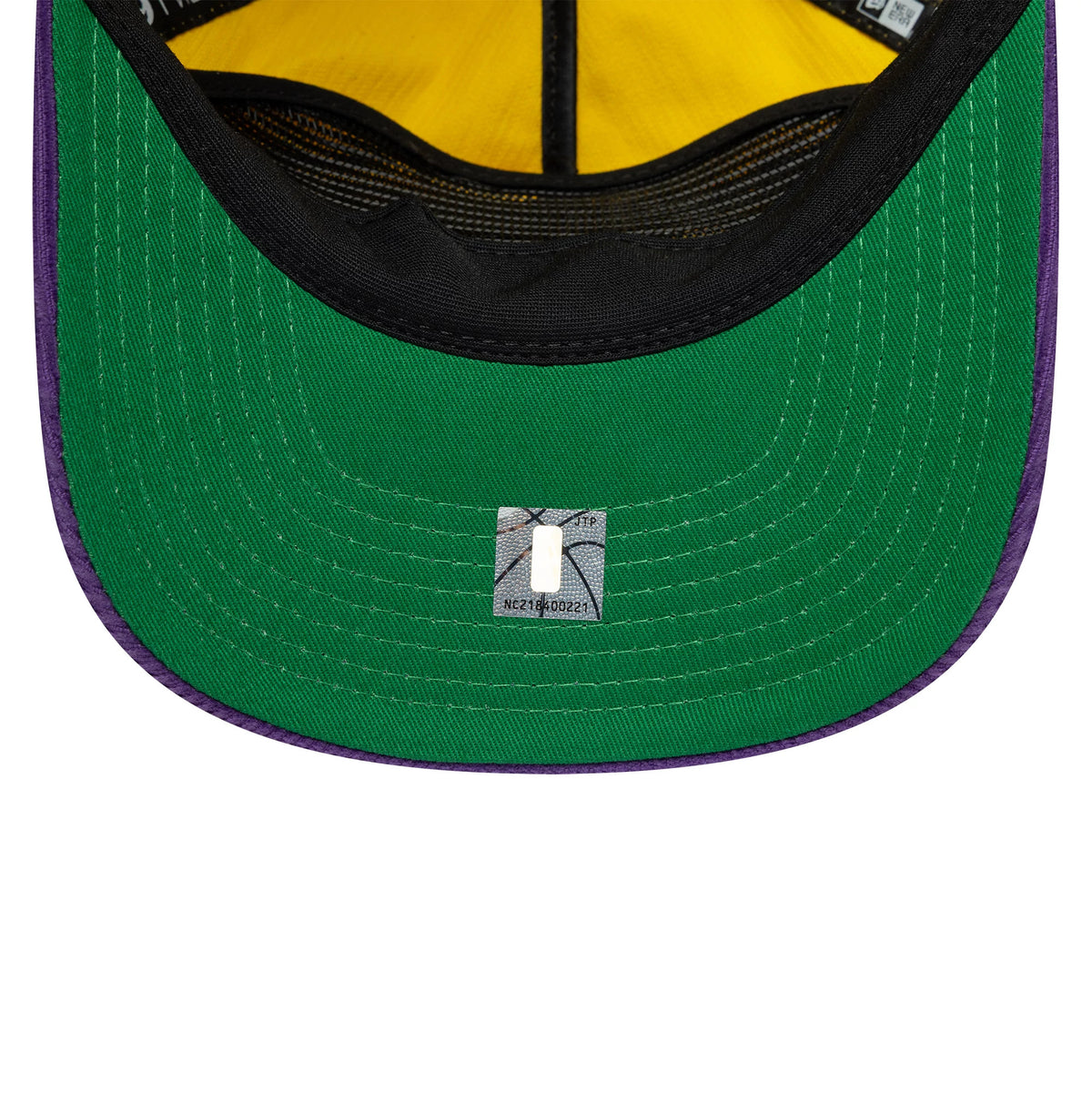 LA Lakers NBA Retro Dynasty Cord Yellow & Purple New Era 19TWENTY Adjustable Cap, inside view showing the green undervisor with a purple edge, black sweatband and taping, and a square sticker on the underside of the visor.