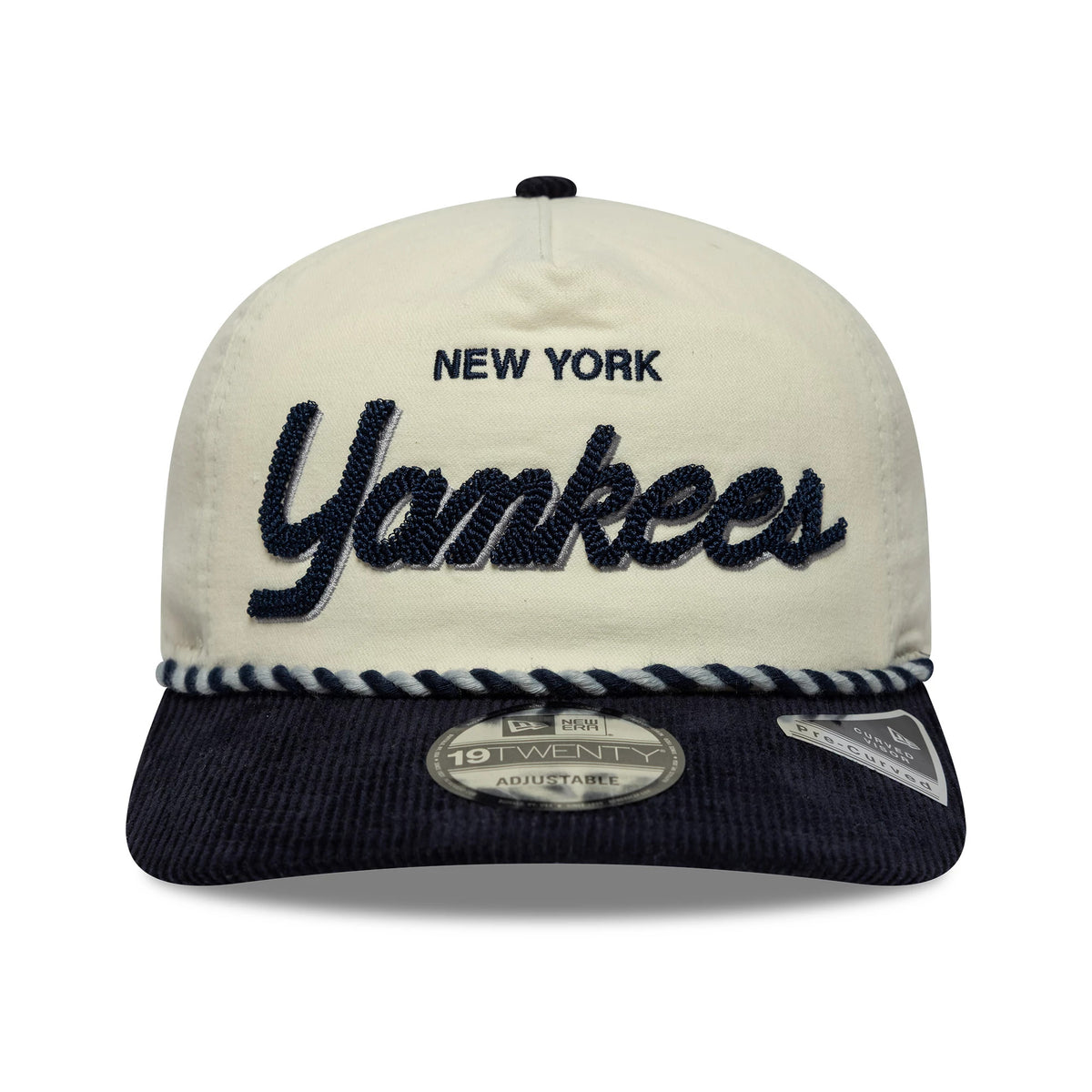 New York Yankees MLB Retro Dynasty Cream & Navy New Era 19TWENTY Adjustable Cap, front view showing raised navy Yankees script and flat New York text embroidered on the cream front panel, with a navy corduroy visor and the 19TWENTY size sticker.