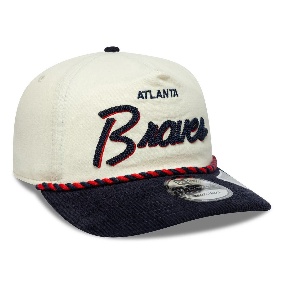 Atlanta Braves MLB Retro Dynasty Cream & Navy New Era 19TWENTY Adjustable Cap, three-quarter view showing navy embroidered Braves script and Atlanta text on the cream front panel, navy visor with rope detail, and 19TWENTY size sticker.