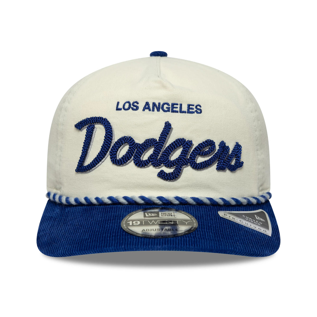 LA Dodgers MLB Retro Dynasty Cord Cream & Blue New Era 19TWENTY Adjustable Cap, front view showing the blue cord embroidered Dodgers script and Los Angeles text on the cream crown, finished with a contrasting blue cord visor.