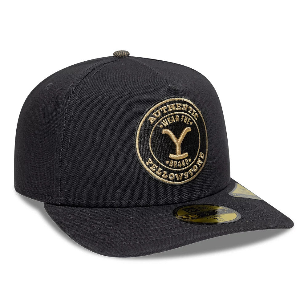 Yellowstone Black New Era 59FIFTY A-Frame Fitted Cap, three-quarter view showing a gold embroidered circular logo with Yellowstone and Authentic Western Brand text on the front panel, a flat black visor, and a gold 59FIFTY size sticker.