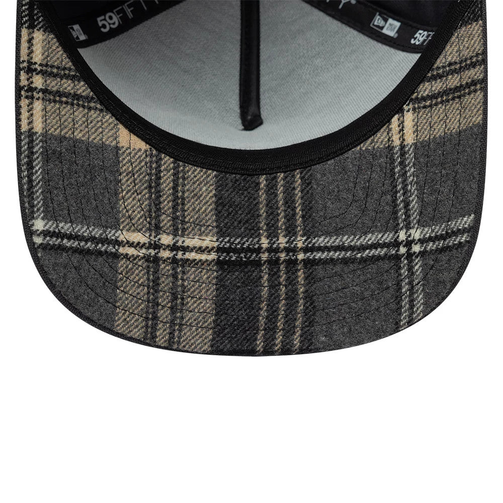 Yellowstone Black New Era 59FIFTY A-Frame Fitted Cap, inside view featuring a grey check pattern on the curved visor, black and white 59FIFTY taping on the interior crown, and a light grey fabric sweatband for added comfort.