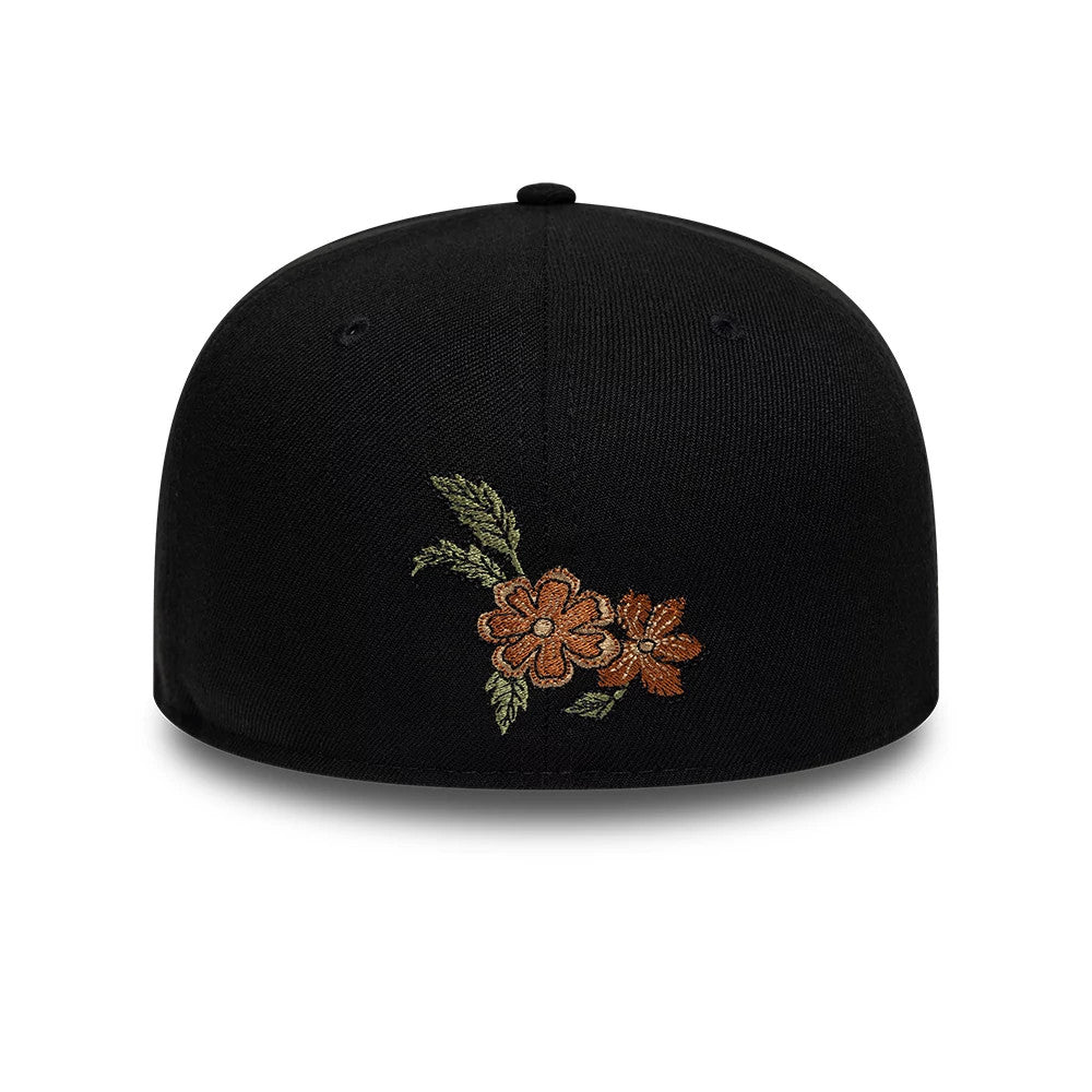 New Era Floral Black 59FIFTY Fitted Cap, rear view showing the intricate orange and brown floral embroidery with green leaves placed off-centre on the structured black crown, with matching black eyelets and a top button.